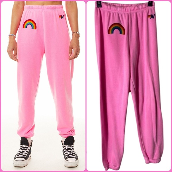 Aviator Nation Pants - Aviator Nation/ SoulCycle Women’s Neon Pink Rainbow Embroidery Sweatpants 🩷🌈🩷